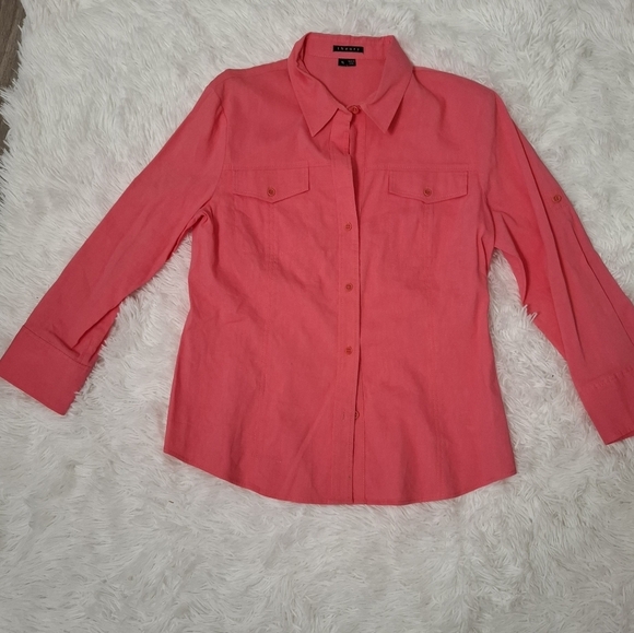 Theory Linen Blend Button Up Shirt Size XL Pink Roll Tab Sleeves Pockets - Picture 8 of 8